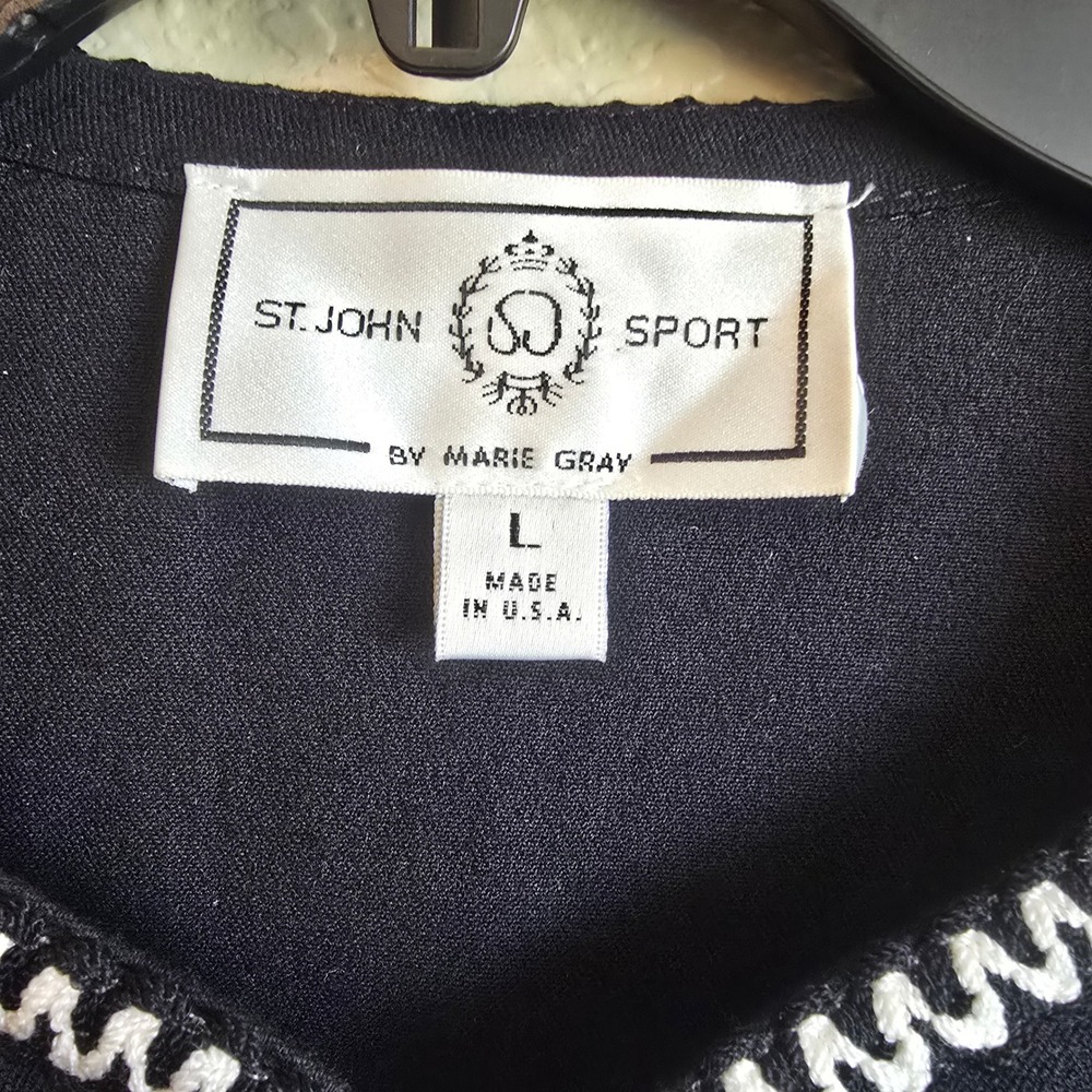 St John Sport Marie Gray Black White Ric Rac Trim Zip Front Jacket Large READ - Picture 2 of 16